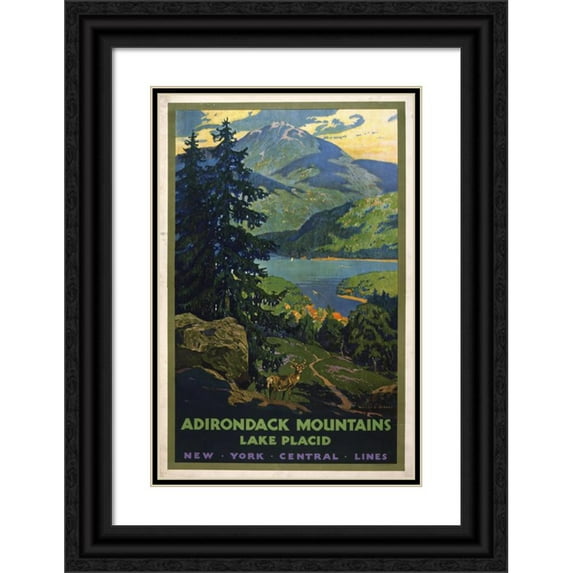 Walter L. Greene 13x18 Black Ornate Wood Framed Double Matted Museum Art Print Titled - Adirondack Mountains, Lake Placid New York Central Lines (1920)