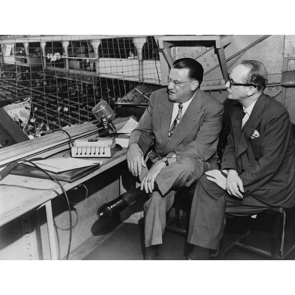 Walter O'Malley 1903-1979 Owner Of The Brooklyn Dodgers In The Press Box At Ebbets Field Discussing Subscription Tv And