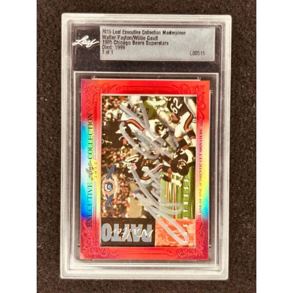 Walter Payton and Willie Gault Signed Chicago Bears 2015 Leaf Masterpiece Dual Cut Signature Card 1/1, PSA/DNA and JSA Authenticated