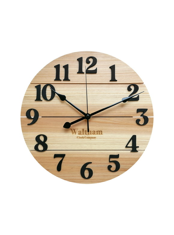 Waltham Real Wood Wall Clock, 12” Analog Clock, Battery Operated, Natural Finish - 100% Real Wood!