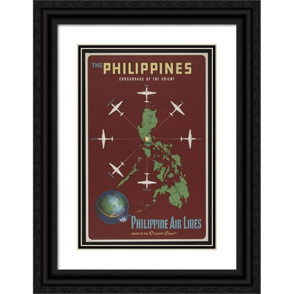 Walther-Boland Associates 11x14 Black Ornate Wood Framed Double Matted Museum Art Print Titled: The Philippines, Crossroads of the Orient Philippine Air Lines, Route of the Orient Star (1930