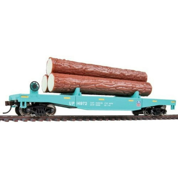 Walthers Trainline Log Dump Car with 3 Logs - Ready to Run Union Pacific #14972 (MOW Scheme, Green, Yellow Conspicuity Marks)