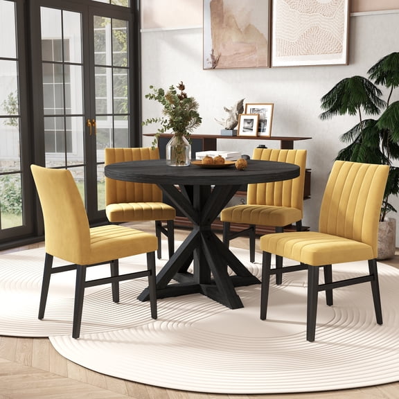 Walton 5-Piece Round Dining Set, Cross-Buck Round Table with 4 Side Chairs, Yellow
