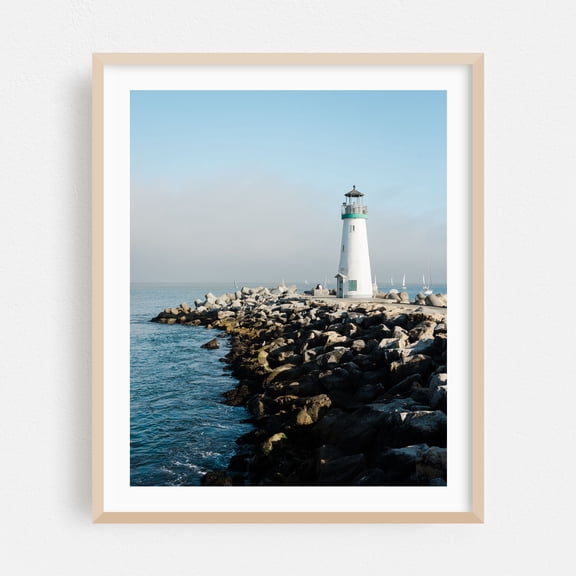 Walton Lighthouse, Santa Cruz - Santa Cruz California Photography Lighthouse Coastal Ocean Harbor Landscape Scenic Boat Oak Framed Wall Art Print 6 x 8 inches