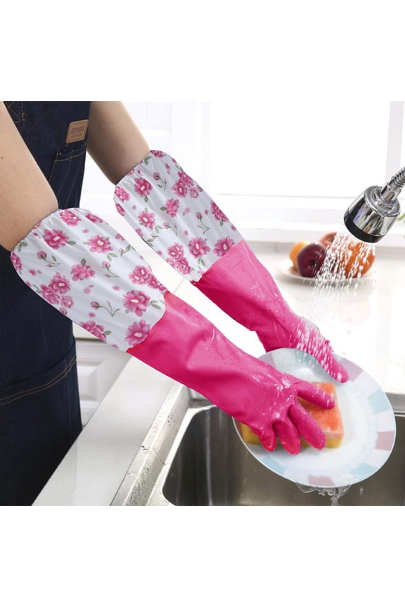 Reusable Rubber Cleaning Gloves Pair with 1 Pair Gloves, Hot Pink