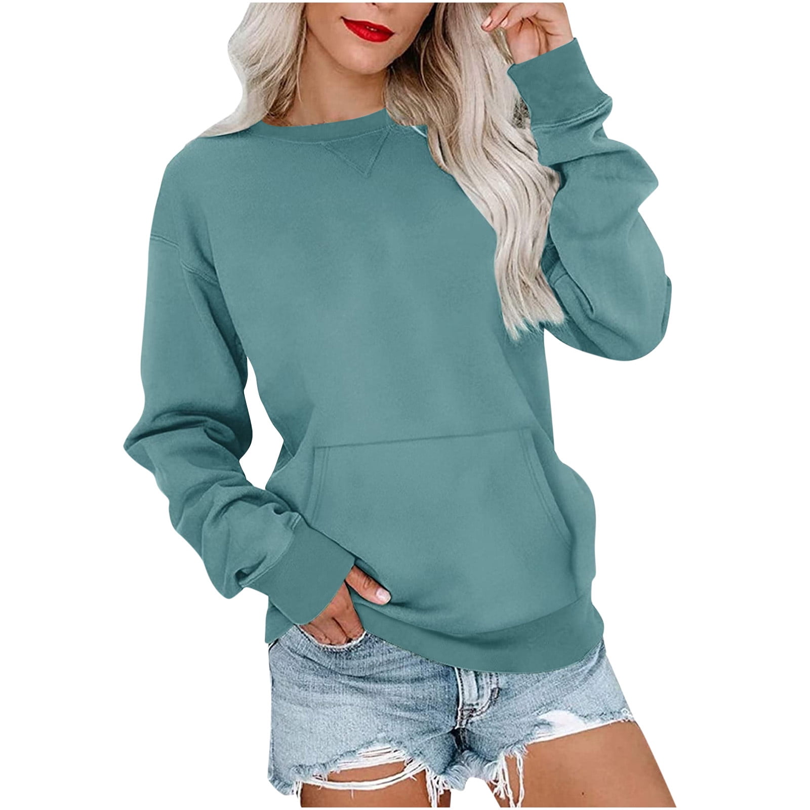 LWZWM Trendy Fall Clothes for Women 2022 Tiktok Fashion Clothes Zipper  Turn-down Collar Long Sleeve Sweatshirt Pocket Sky Blue L 