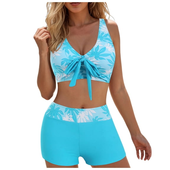 Wamejoo Bikini with Shorts for Women - Two Piece Swimsuit with Boyshorts 2PC High Waisted Bathing Suits Swimwear (Sky Blue, M)