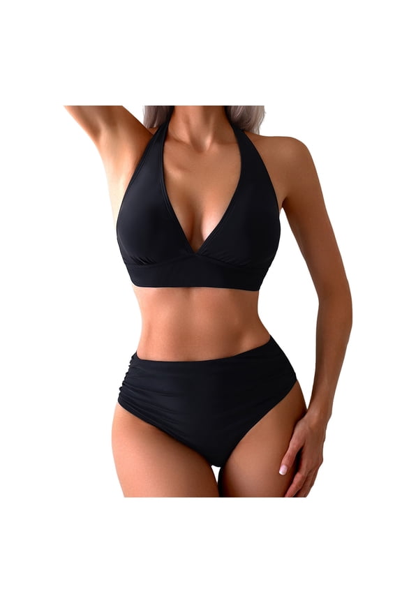 Halter V Neck Push Up Swimsuit Padded High Waisted Ruched Bottom Two Piece Bikini Set Bathing Suit for Women (Black, XL)
