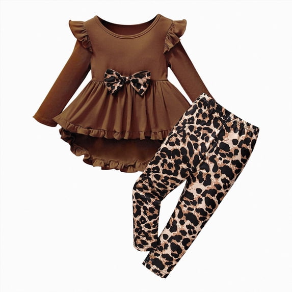 Wamejoo Kids Clothes Girls Sets For Girls Kid Toddler Girl Clothes Bowknot Ruffle Sleeve Top Leopard Pants 3-7 Years Fall Outfit Set