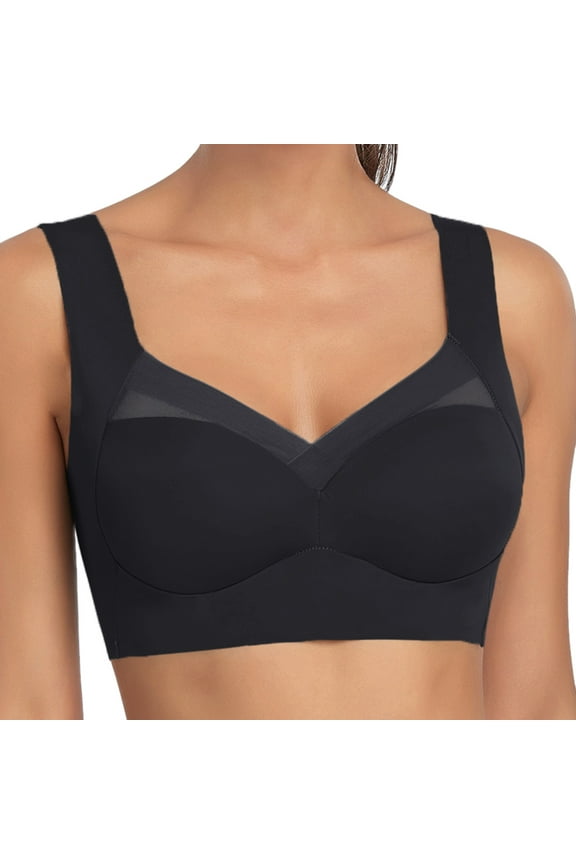 Seamless Powerful Push Up Wireless Bra Lift Full-Figure Posture Correcting Bra Ice Silk Anti Sagging Bra (Black, L)