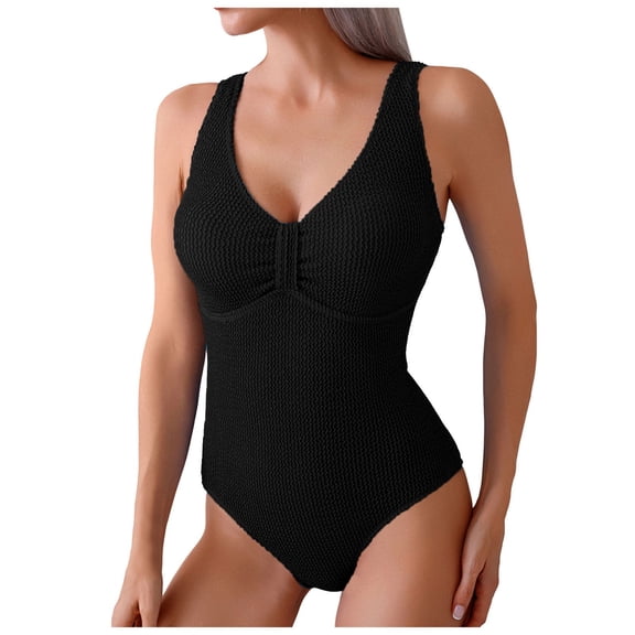 Wamejoo Women One Piece Swimsuit Solid Ribbed Monokini Swimwear Scoop Neck Low Back Bathing Suit (Black, L)