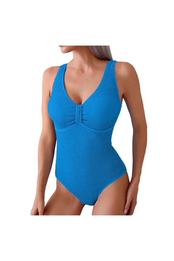 Women One Piece Swimsuit Solid Ribbed Monokini Swimwear Scoop Neck Low Back Bathing Suit (Blue, XL)