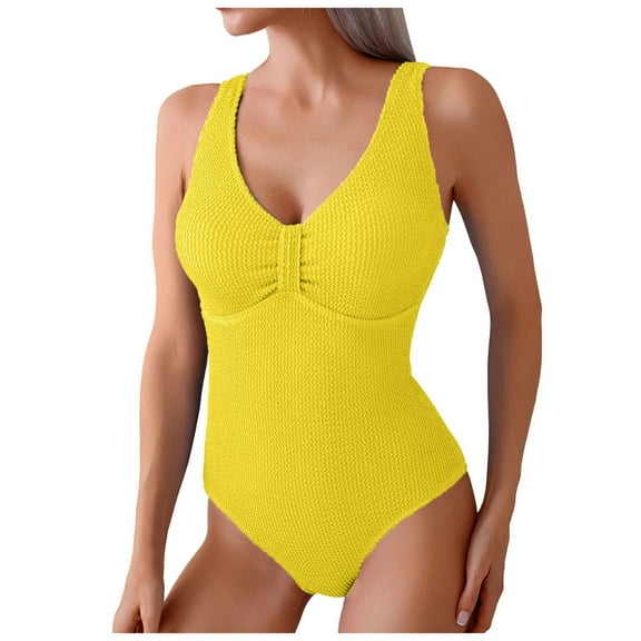 Wamejoo Women One Piece Swimsuit Solid Ribbed Monokini Swimwear Scoop Neck Low Back Bathing Suit (Yellow, M)