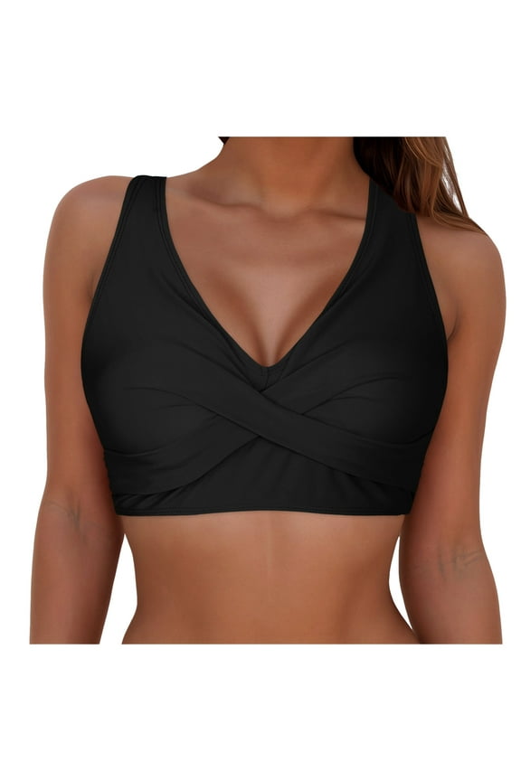 Women Plus Size Bikini Top - Twist Front Swimsuit Top Push Up Full Coverage Bathing Suit 2026 Swim Bra for Large Bust (Black, XXL)