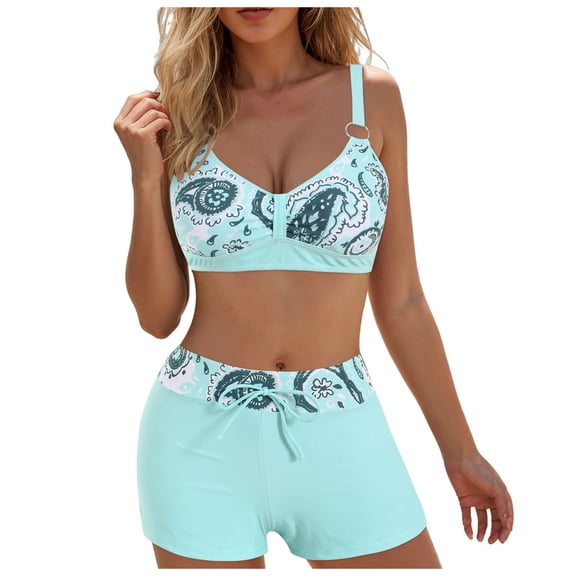 Wamejoo Women Two Piece Swimsuit Athletic Bathing Suits for Women Ruffled Tummy Control High Waisted Swimsuits (Sky Blue, XXL)