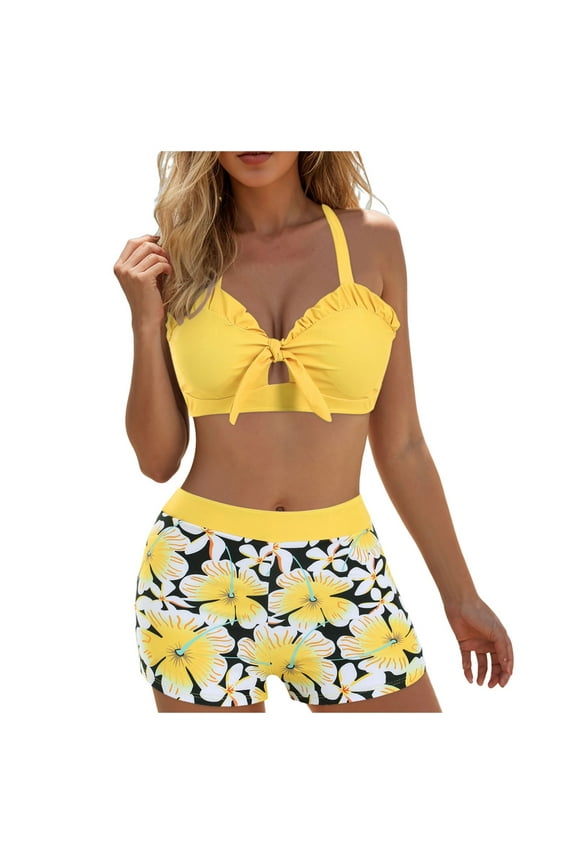 Women Two Piece Swimsuit Bathing Suits Floral Tropical High Waisted Beachwear Board Shorts Halter Tops (Yellow, L)