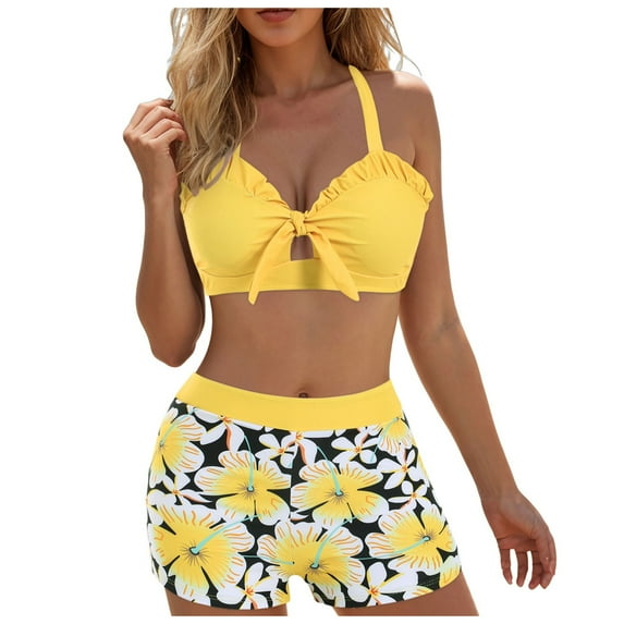 Wamejoo Women Two Piece Swimsuit Bathing Suits Floral Tropical High Waisted Beachwear Board Shorts Halter Tops (Yellow, S)