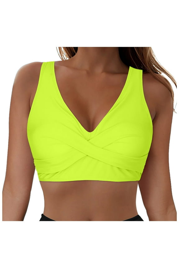 Women Underwire Full Coverage Bikini Top Only Criss Cross Push Up Swim Crop Top Tie Back Bathing Suit (Yellow, XL)