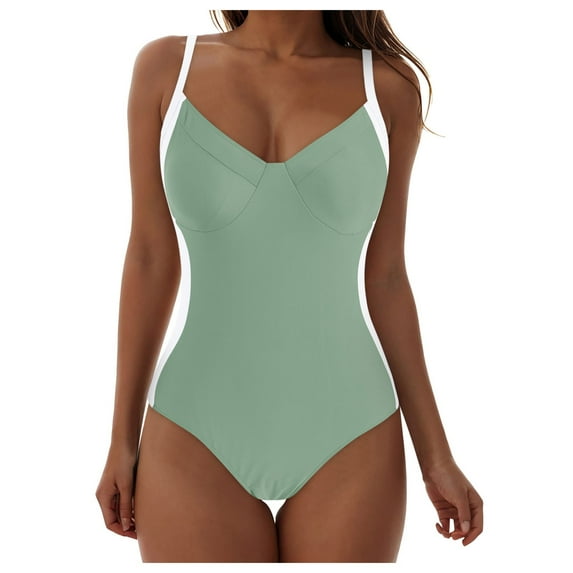 Wamejoo Women Wide Straps V Neck One Piece Swimsuit Lace Up Tummy Control Slimming Bathing Suit Cross Back Swimwear (Light Green, XL)