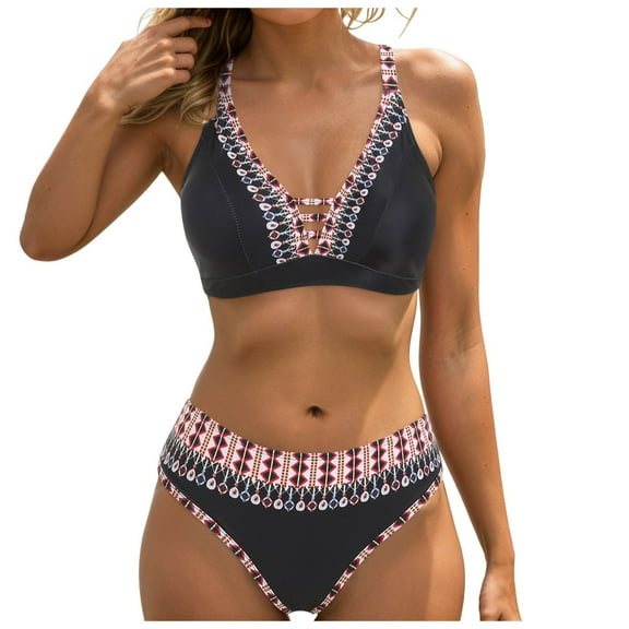 Wamejoo Women's Bikini Sets Two Piece Swimsuit High Waisted Deep V Neck Stitching Wide Adjustable Straps Back Hook (Black, M)