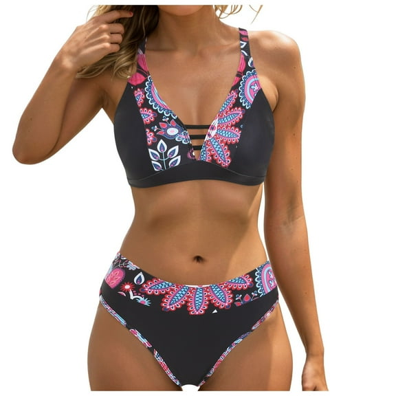Wamejoo Women's Bikini Sets Two Piece Swimsuit High Waisted Deep V Neck Stitching Wide Adjustable Straps Back Hook (Hot Pink, M)