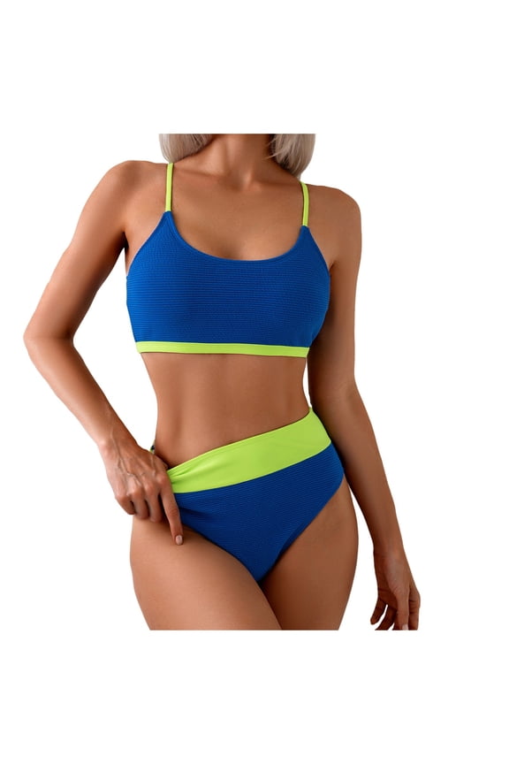 Women's High Waisted Bikini Sets Sporty Two Piece Swimsuits Color Block High Cut Bathing Suits (Blue, M)