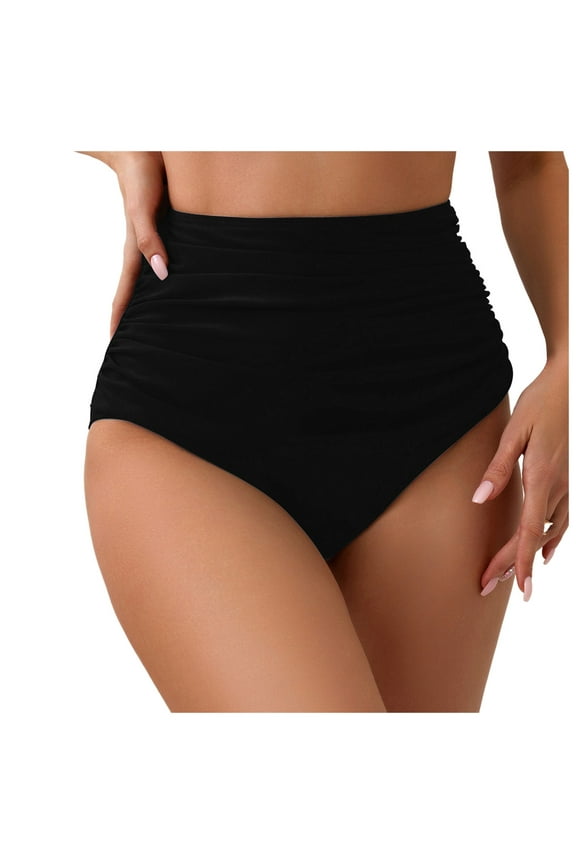 Women’s High Waisted Full Ruched Bikini Swim Bottoms Tummy Control Full Coverage Swimsuit Bottoms (Black, XXL)