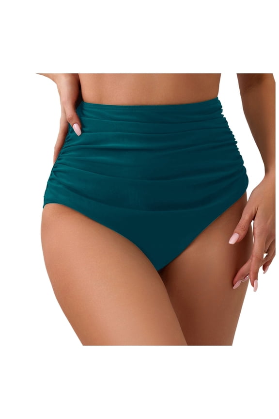 Women’s High Waisted Full Ruched Bikini Swim Bottoms Tummy Control Full Coverage Swimsuit Bottoms (Navy, L)