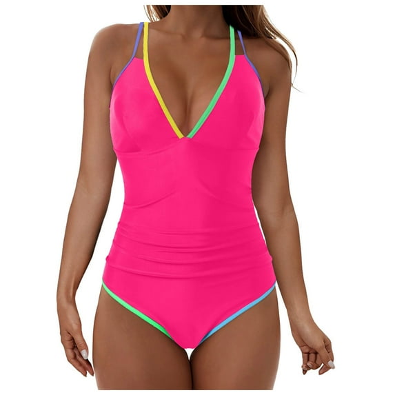 Wamejoo Women's One Piece 2025 Tummy Control Swimsuits Neon Color Block Swimwear Deep V Neck Slimming Bathing Suit (Hot Pink, XXL)