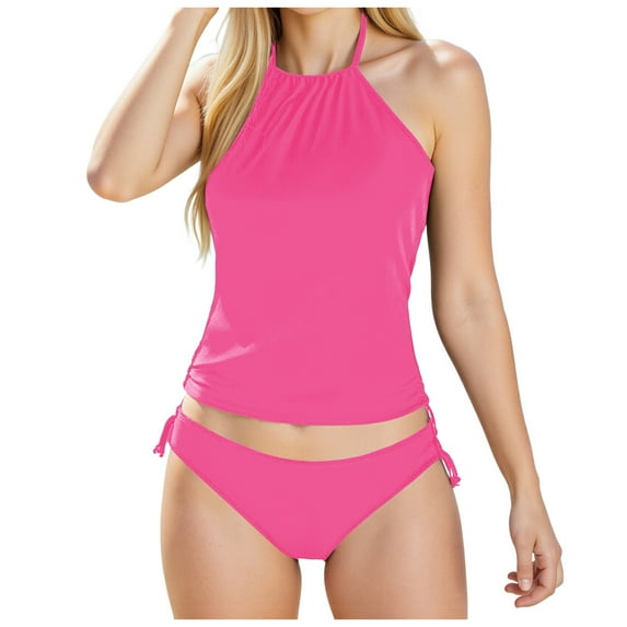 Wamejoo Women's Tankini Sets Two Piece Bathing Suits Halter Neck Tummy Conrol Tankini Swimsuits Solid Color Thong Bottom (Hot Pink, XL)