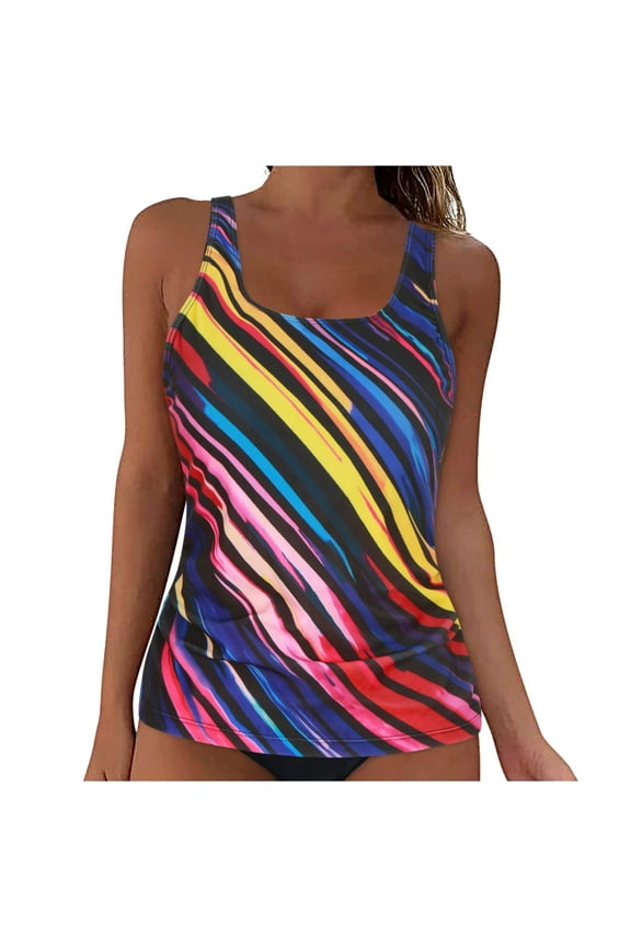 Women's Tankini Top Swimwear Top Only Tummy Control Bathing Suit Top Modest Swim Tank Tops No Bottom（Light Yellow, L)