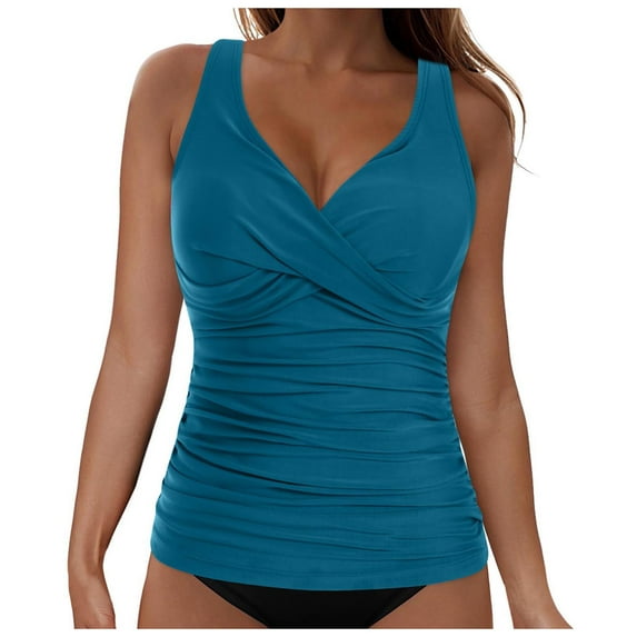 Wamejoo Women's Underwire Tankini Top Twist V Neck Push Up Swim Top Ruched Bathing Suit Tops Only(Blue, XXL)