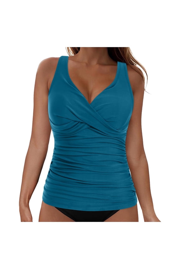 Women's Underwire Tankini Top Twist V Neck Push Up Swim Top Ruched Bathing Suit Tops Only(Blue, XXL)