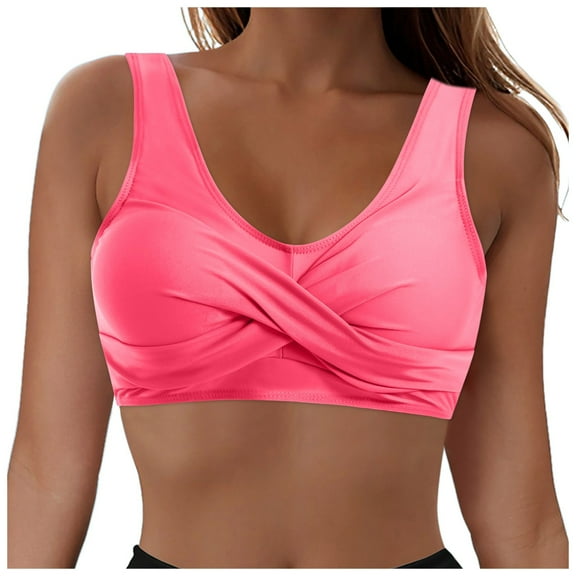 Wamejoo Womens Bikini Tops Twist Front V Neck Push Up Padded Bathing Suit Tops with Fixed Wide Straps Swimsuit Top Only (Light Pink, M)