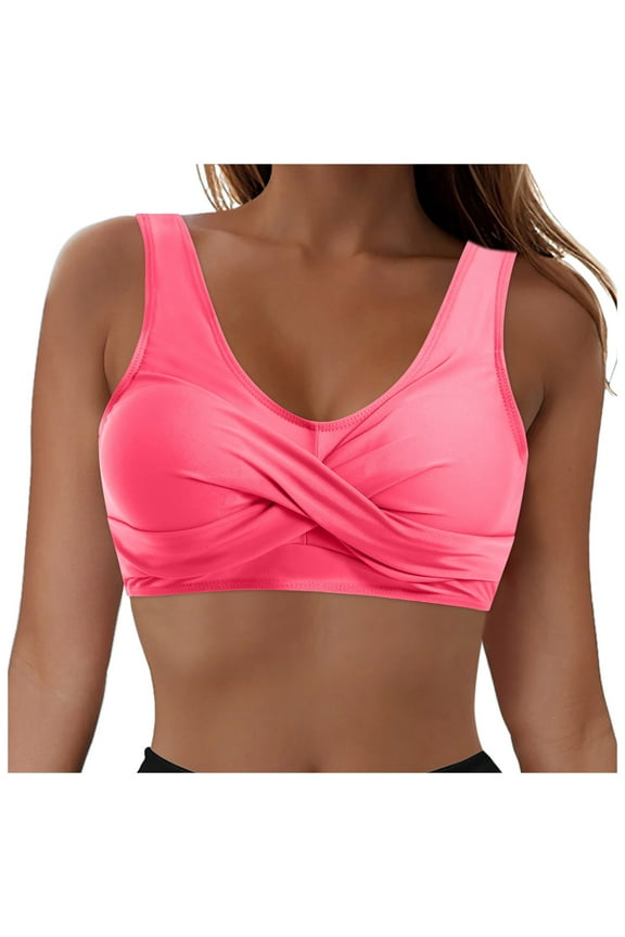 Womens Bikini Tops Twist Front V Neck Push Up Padded Bathing Suit Tops with Fixed Wide Straps Swimsuit Top Only (Light Pink, M)