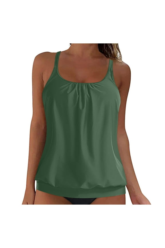 Womens Modest Tankini Swim Top Ruched Tummy Control Swimsuits Tops Only Drawstring Long Bathing Suit Top(Army Green, 3XL)