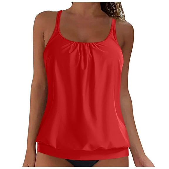 Wamejoo Womens Modest Tankini Swim Top Ruched Tummy Control Swimsuits Tops Only Drawstring Long Bathing Suit Top(Red, XL)