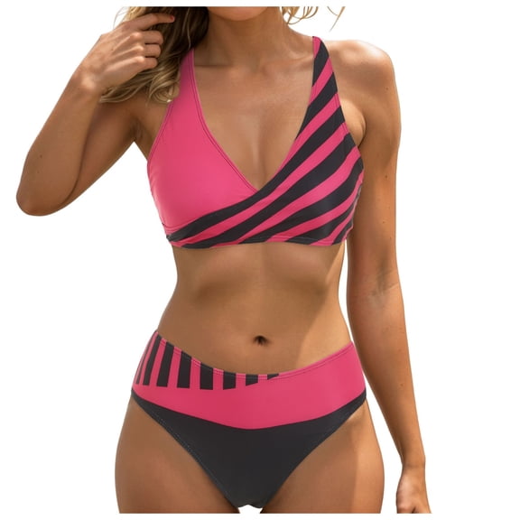 Wamejoo Womens Two Piece Swimsuits Wrap Front Bikini High Waisted Bottom Tummy Control Bathing Suits Vintage Print Swimwear (Hot Pink, XXL)