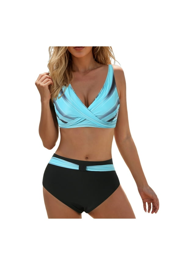 Womens Two Piece Swimsuits Wrap Front Bikini High Waisted Bottom Tummy Control Bathing Suits Vintage Print Swimwear (Mint Green, XL)