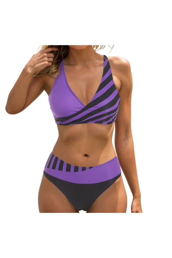 Womens Two Piece Swimsuits Wrap Front Bikini High Waisted Bottom Tummy Control Bathing Suits Vintage Print Swimwear (Purple, 3XL)
