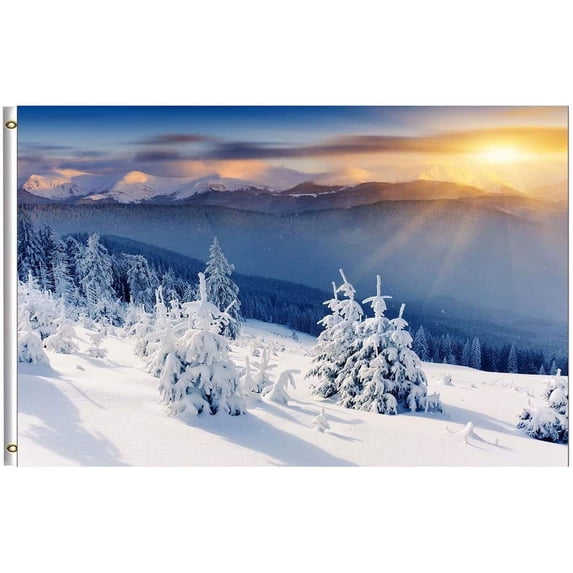 Wamika Winter Flag Merry Christmas Majestic Sunset Winter Mountains Landscape Garden Yard House Flags Banner with Brass Grommets Indoor Outdoor Party Home Christmas Decorations