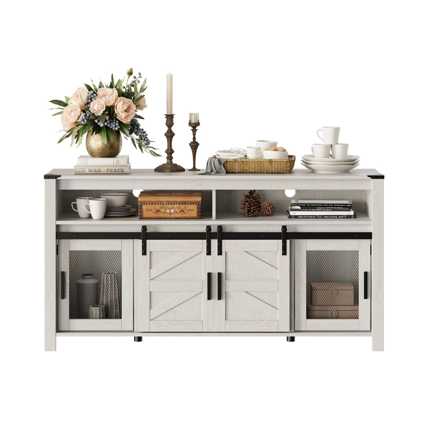 Wampat 59" Farmhouse Buffet Cabinet, Rustic Sideboard with Sliding Barn Doors, Coffee Bar Storage Cabinet with Mesh Doors, Antique White