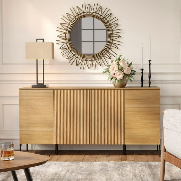 Wampat 61.6'' Sideboard Buffet Cabinet with 3 Adjustable Shelves & 6 Storage Space,Fluted Coffee Bar Cabinet for Living Room, Dining Room, Entryway, Oak