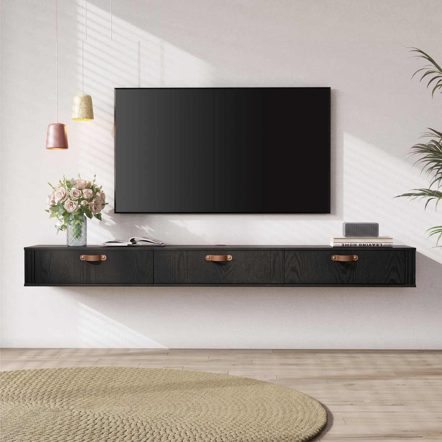 Wampat 70-inch Floating TV Stand for Living Room, Wood Floating TV Shelf with 3 Flip-Down Doors for Bedroom, Black