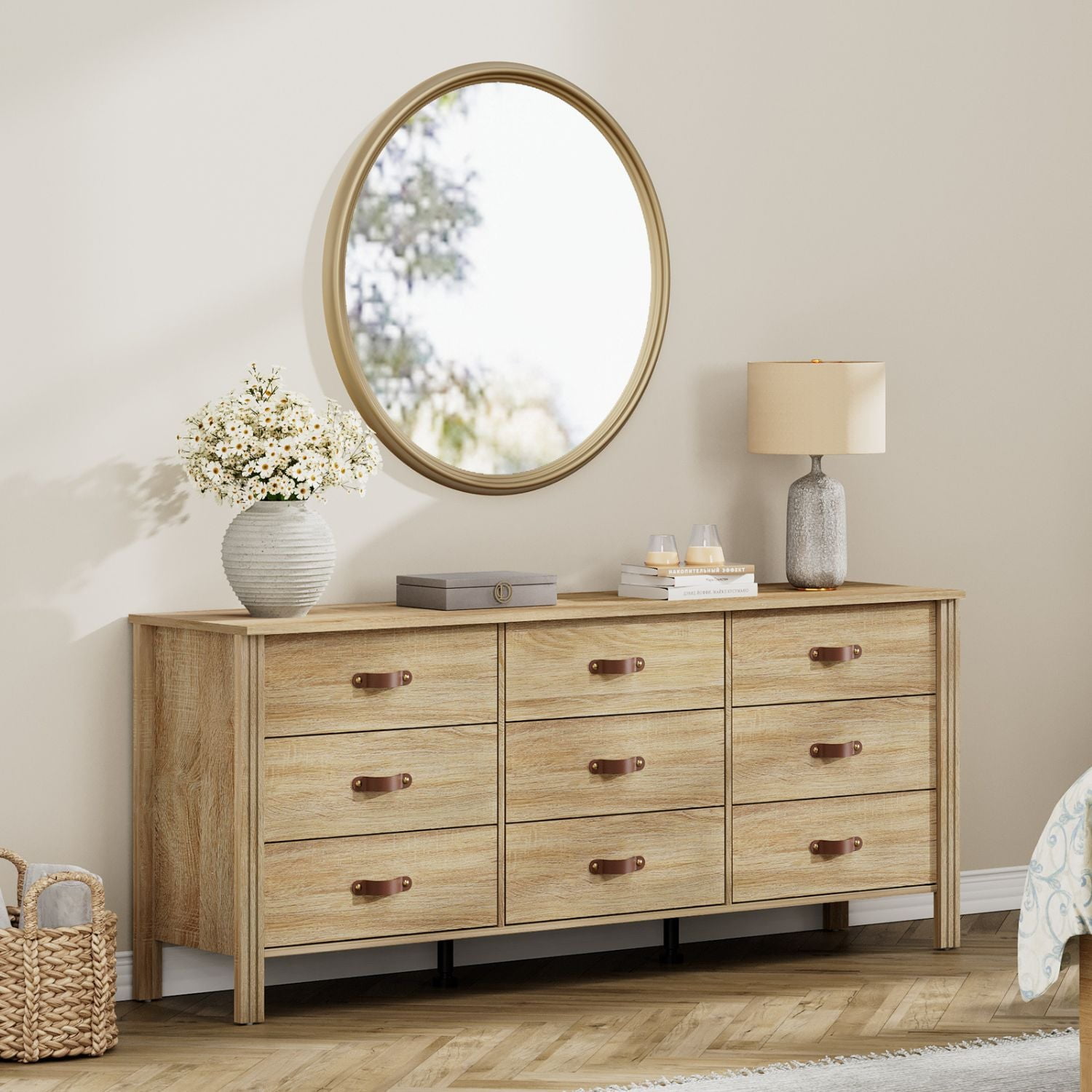 Wampat 9 Drawers Dresser for Nursery, Farmhouse Dresser with Wide Chest of Drawers for Living Room, Light Oak, 62 inch