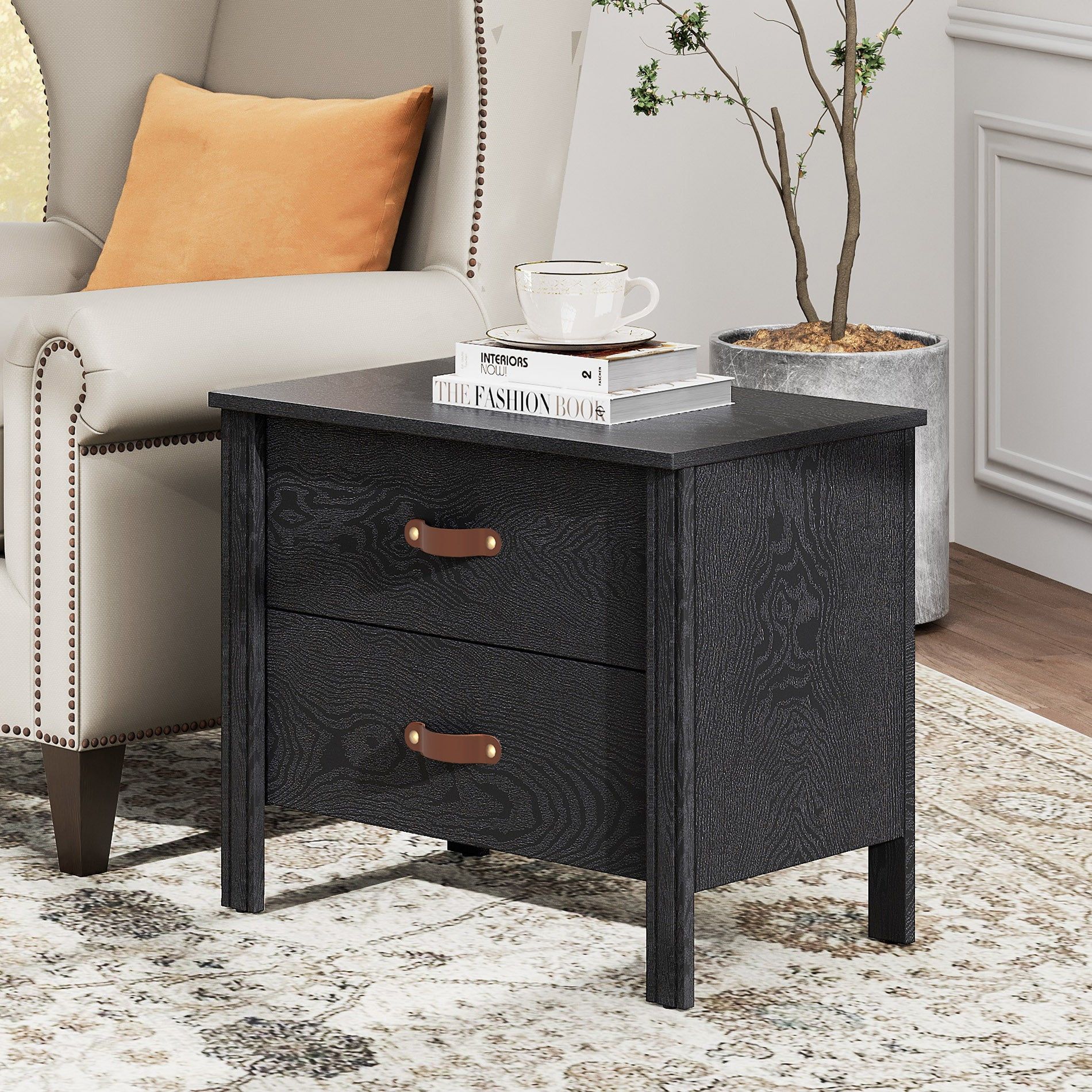 Wampat Black Wood End Table with 2 Drawers, Compact Bedside Nightstand ...
