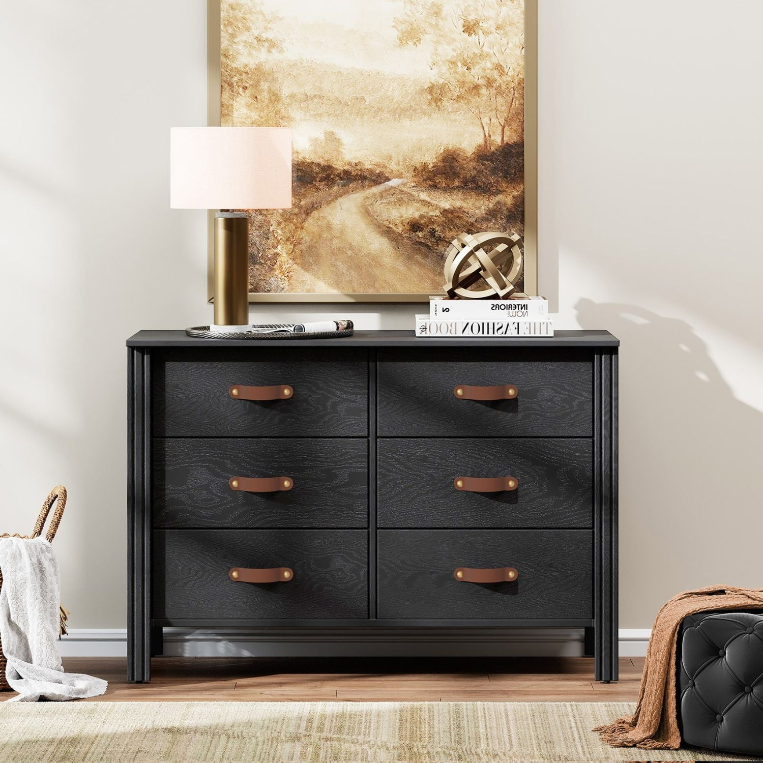Wampat Chest of Drawers for Bedroom, Farmhouse Dresser Kids Dresser with 6 Drawers, Black