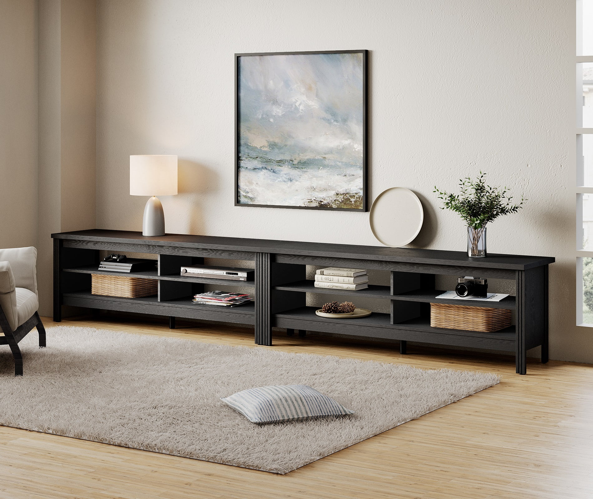 Wampat Classic Black Wood Entertainment Center for 100" TV with 8 Storage Spaces