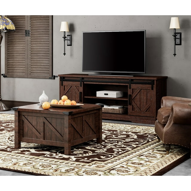 Wampat Farmhouse 2 Shelves 3 Tiers Sliding Barn Door TV Stand and ...