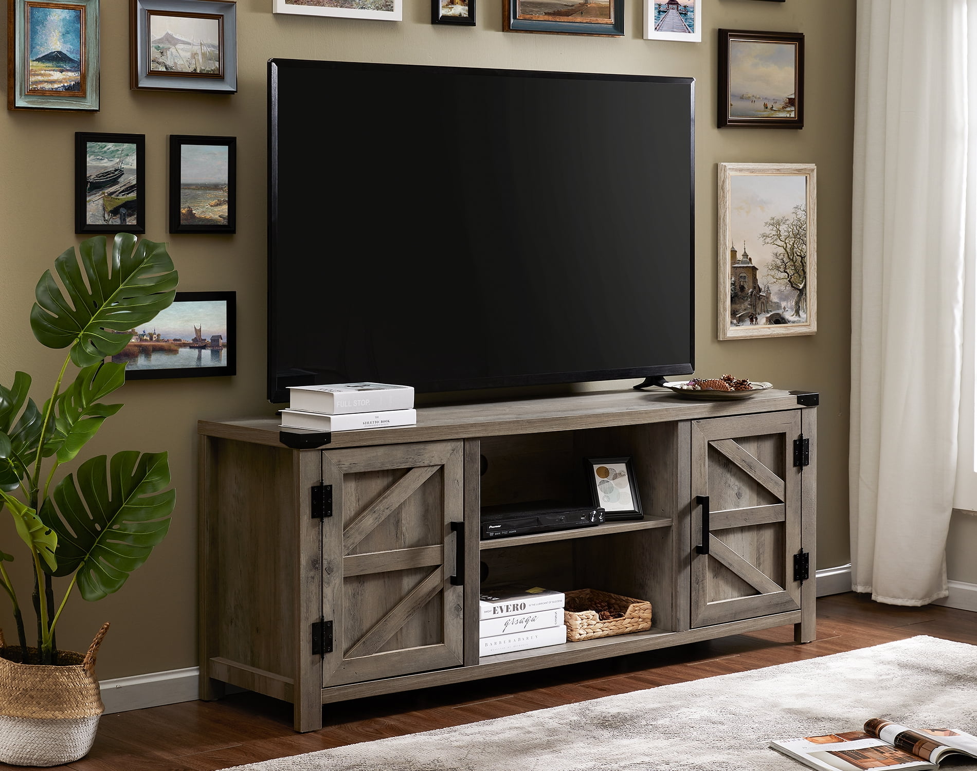 Wampat Farmhouse Barn Door Wood TV Stands for 65 Inch Flat Screen, TV Console Storage